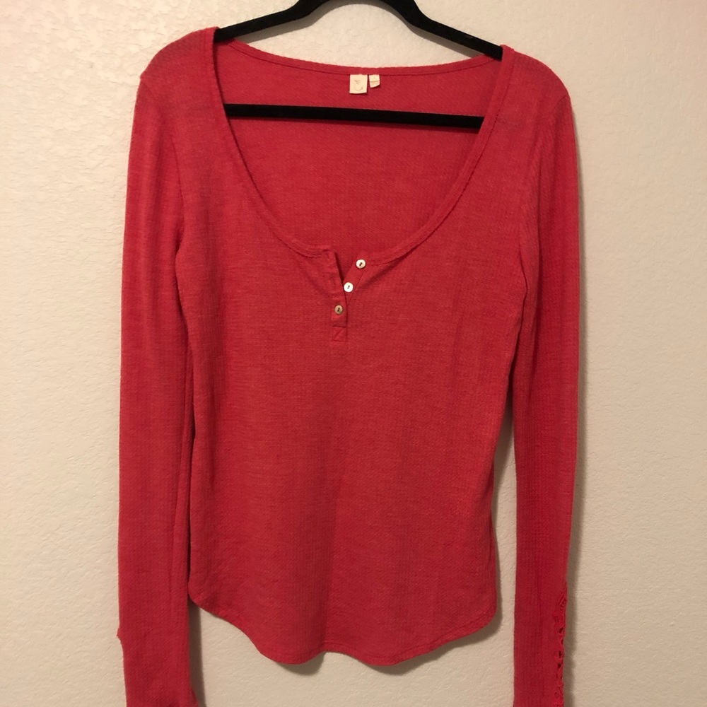 Anthropologie Coral Henley with sleeve detail